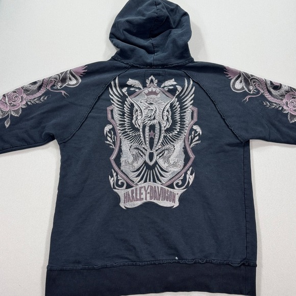 Y2K Harley Davidson Hoodie Womens 2XL Black H-D Ink Eagle Crest Skulls Sleeve - Picture 2 of 9